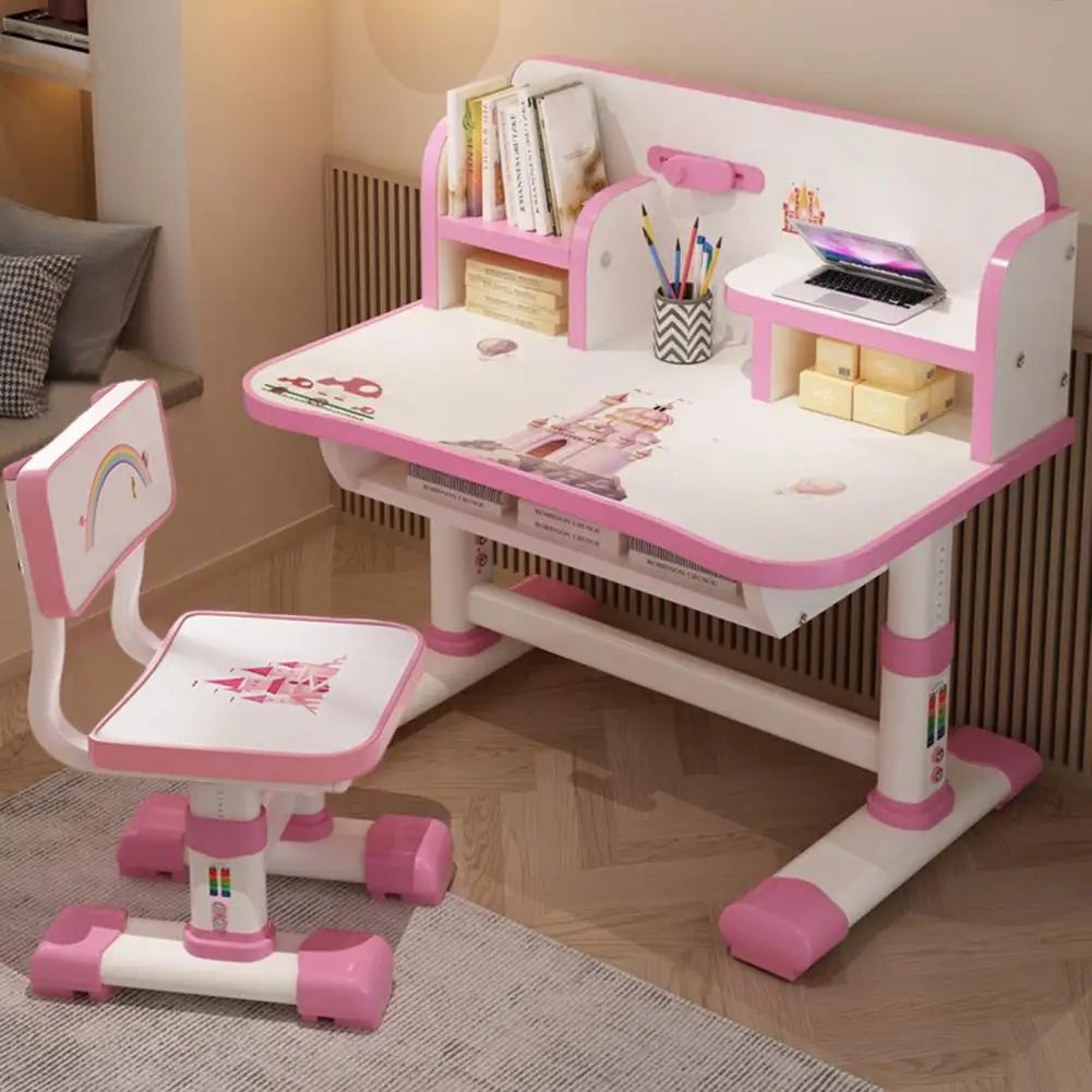 Kids Height-Adjustable Study Desk & Chair Set | Cartoon Design | Pink & Blue | Ages 3–18
