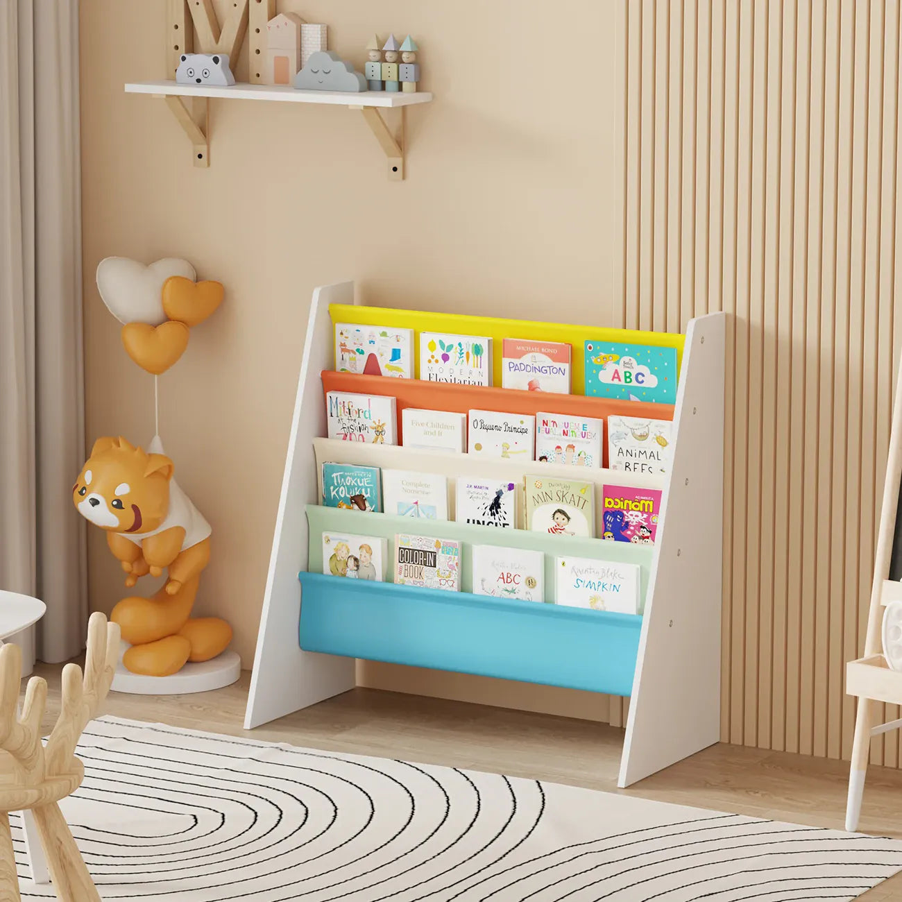 Kids 4-Tier Wooden Sling Bookshelf | Easy-Reach Book Rack | Blue, Green, Yellow & Pink