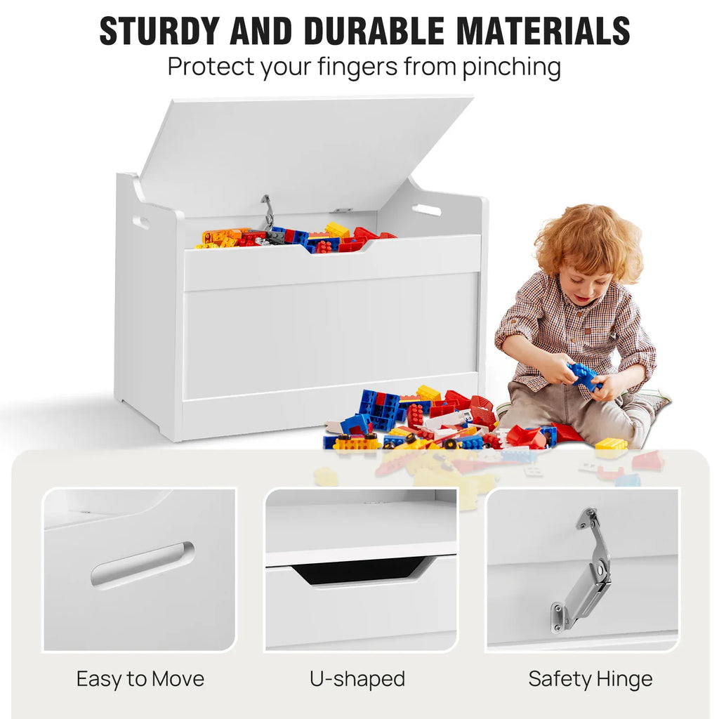 Kids Wooden Toy Box & Storage Bench with Lid | Soft-Close Safety Hinges | White MDF