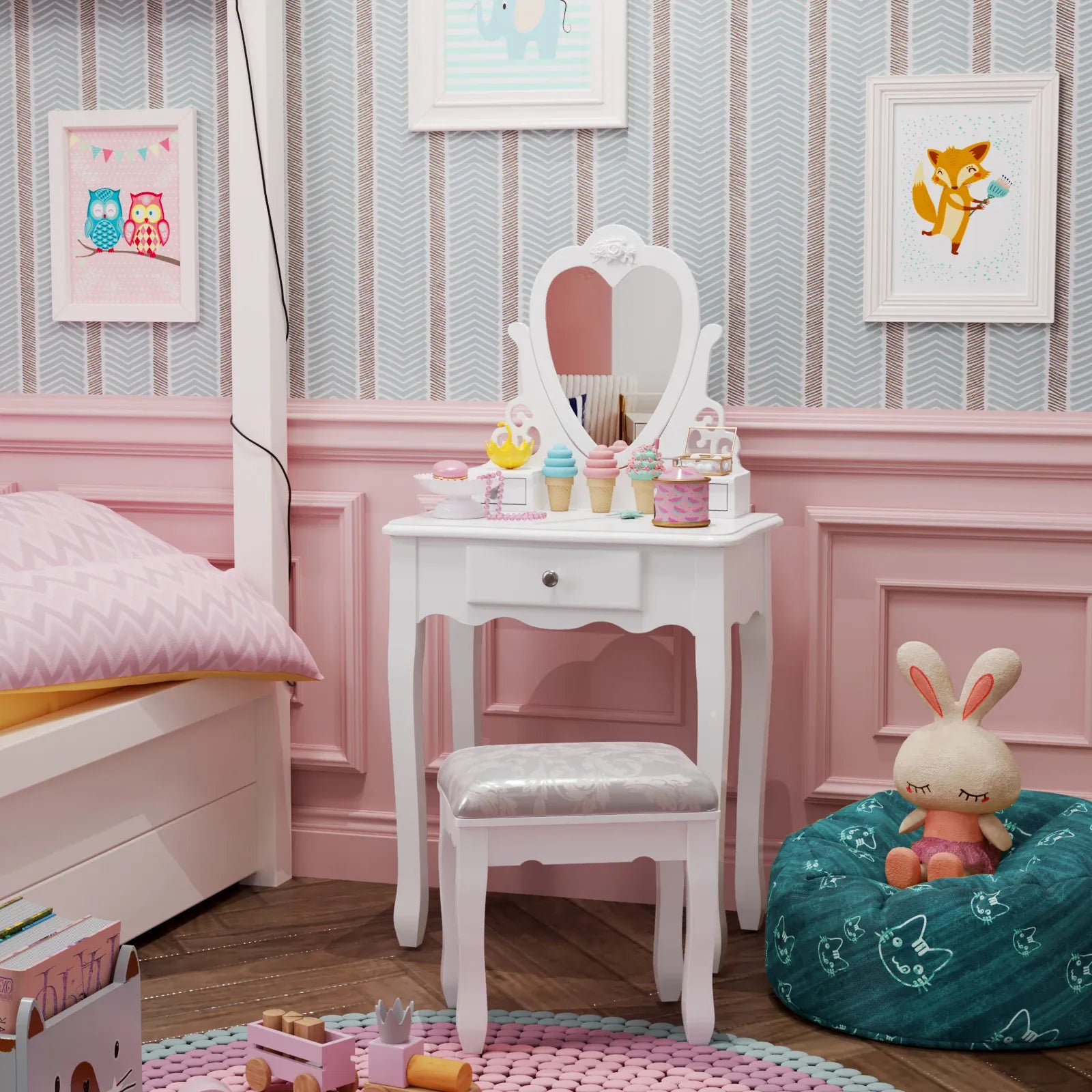 Kids Dressing Table with Heart Mirror & Stool | Girls Vanity Set | Pink & White | Ages 3–9