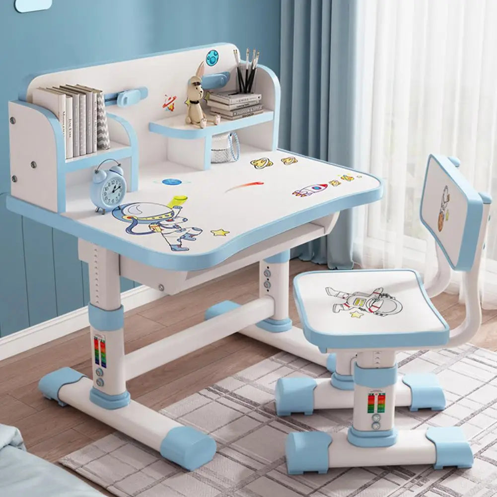 Kids Height-Adjustable Study Desk & Chair Set | Cartoon Design | Pink & Blue | Ages 3–18