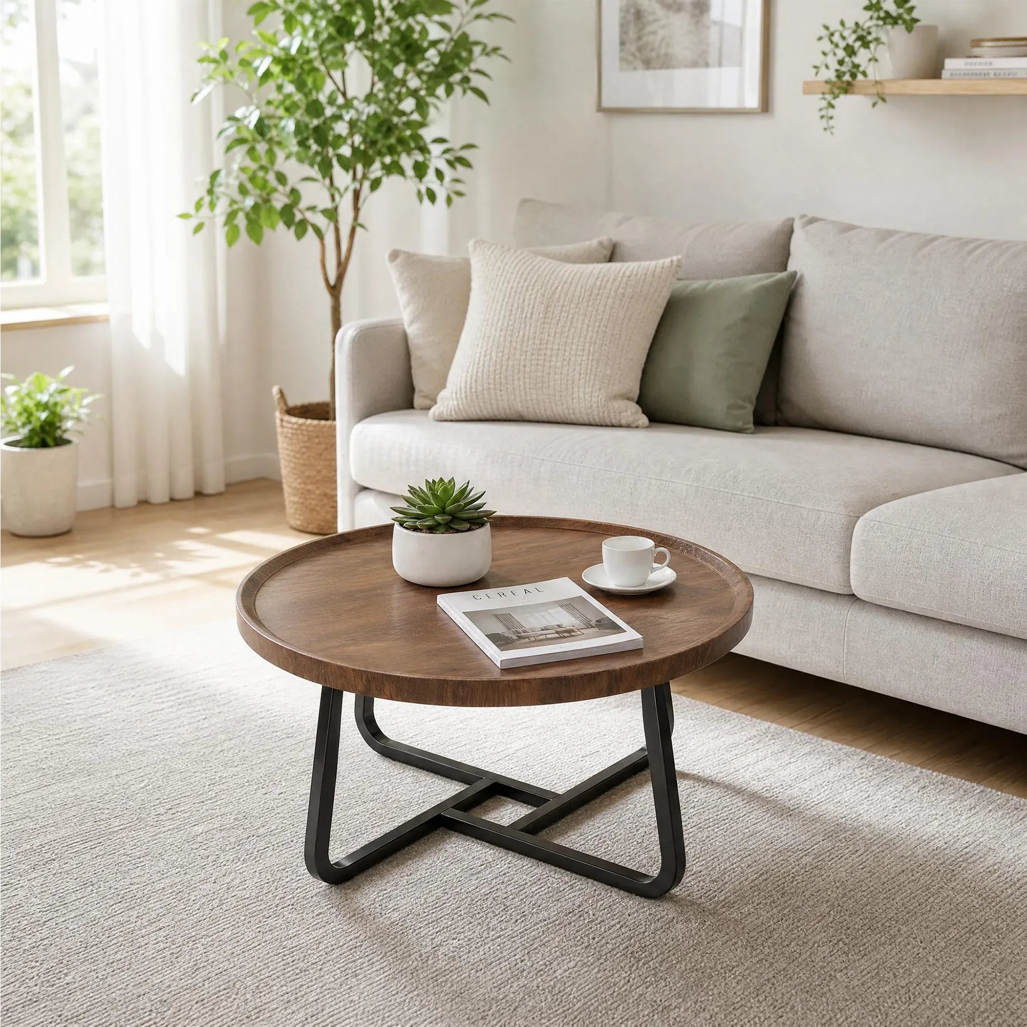 Round Coffee Table — Modern Small Side & End Table with Metal Frame, 50x50x38cm