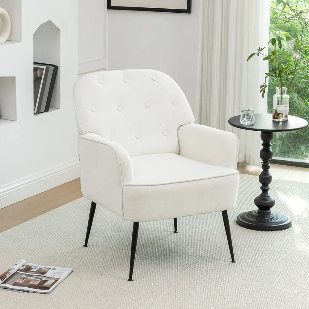 Modern Classic Upholstered Lounge Chair — Chenille Fabric, Button Detail, Grey, Beige or Yellow