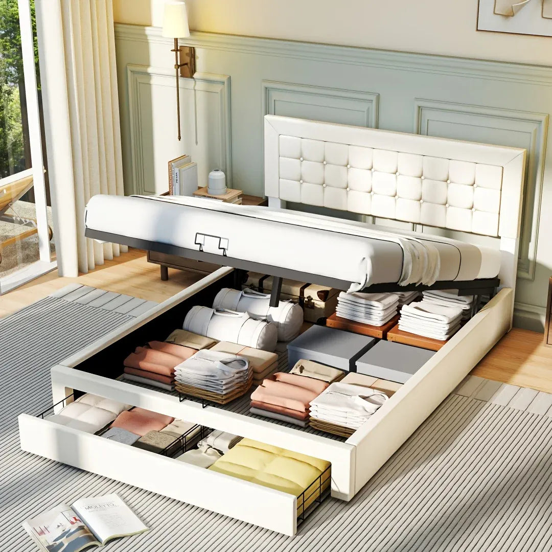 Double Size Ottoman Bed with Storage, Hydraulic Lift Upholstered Bed Frame, Functional Beds with Headboard Storage, No Mattress