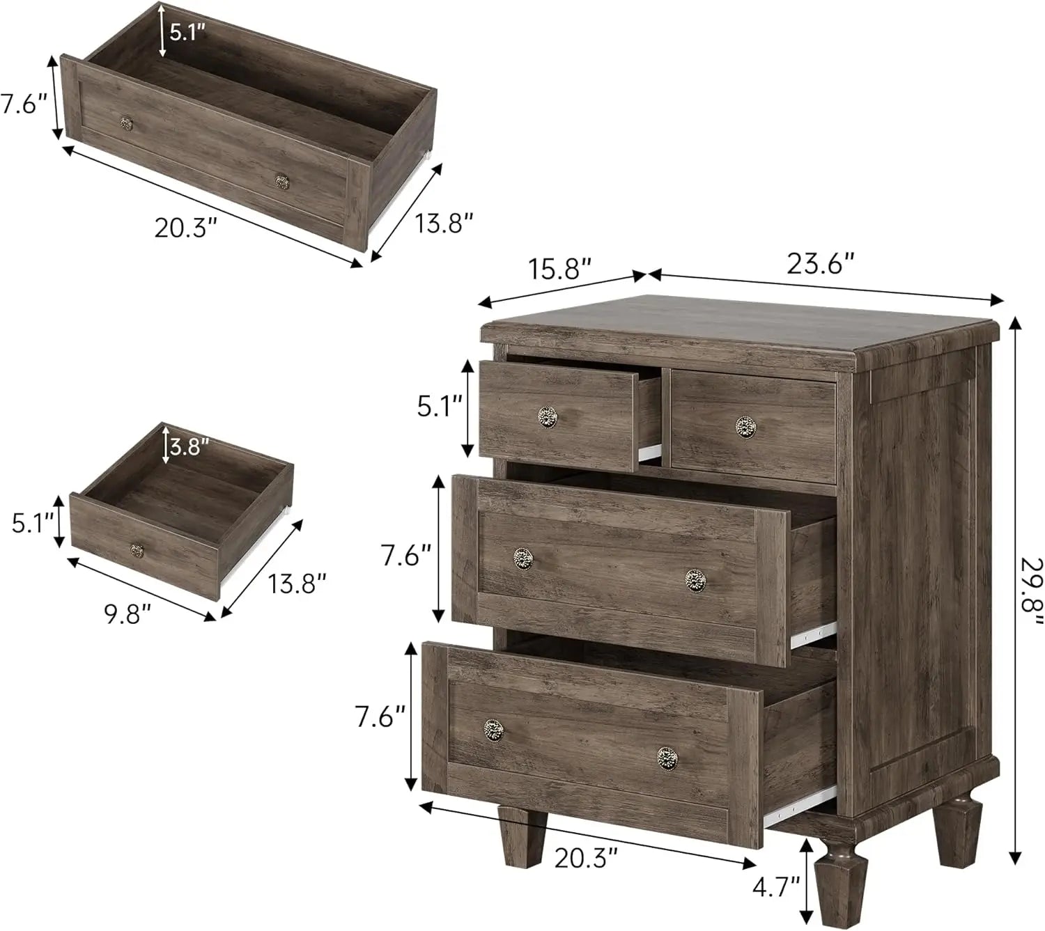 4 Drawer Vintage Dresser — Carved Handles, Tapered Legs & Wood Chest of Drawers for Bedroom