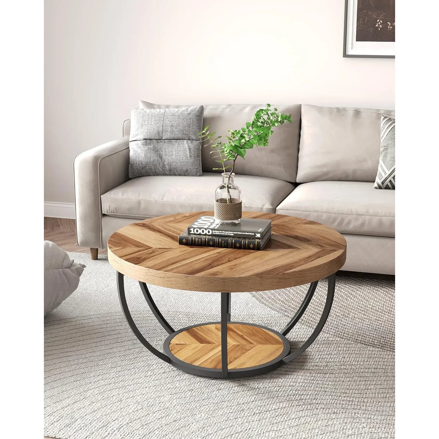 2-Tier Wood Coffee Table with Storage — Industrial Design Living Room Accent Table