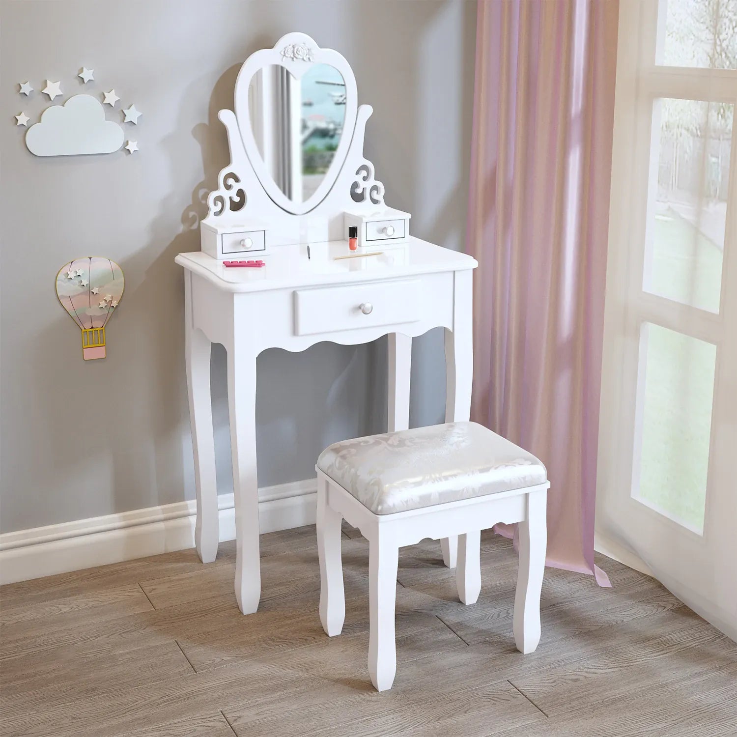 Kids Dressing Table with Heart Mirror & Stool | Girls Vanity Set | Pink & White | Ages 3–9