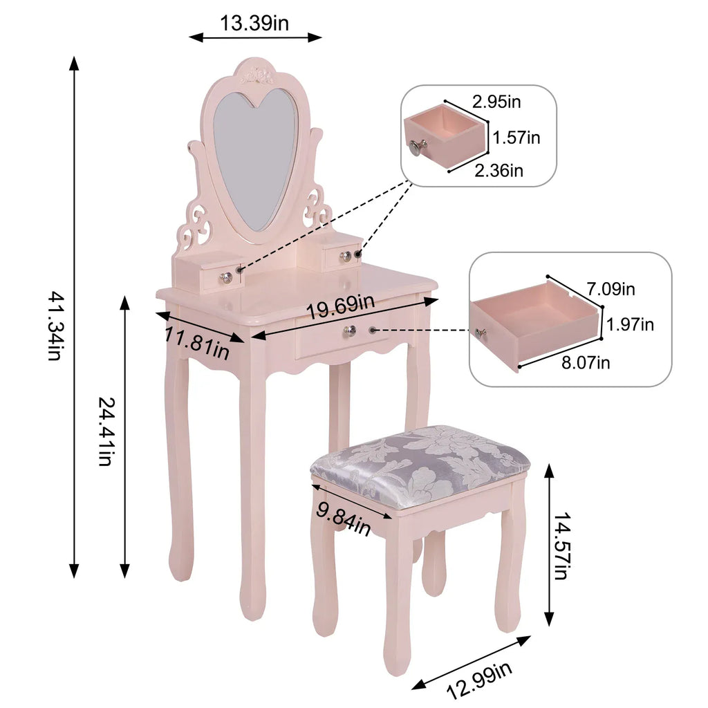 Kids Dressing Table with Heart Mirror & Stool | Girls Vanity Set | Pink & White | Ages 3–9
