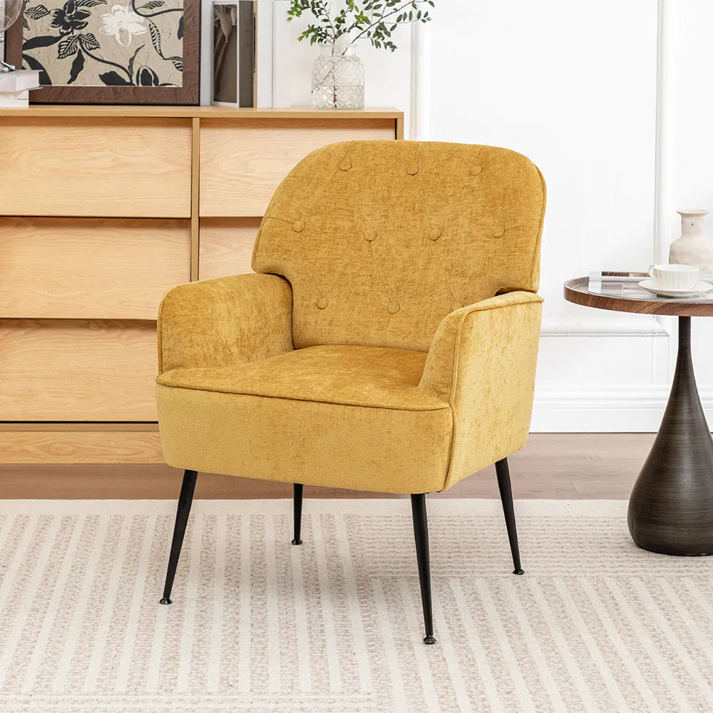 Modern Classic Upholstered Lounge Chair — Chenille Fabric, Button Detail, Grey, Beige or Yellow