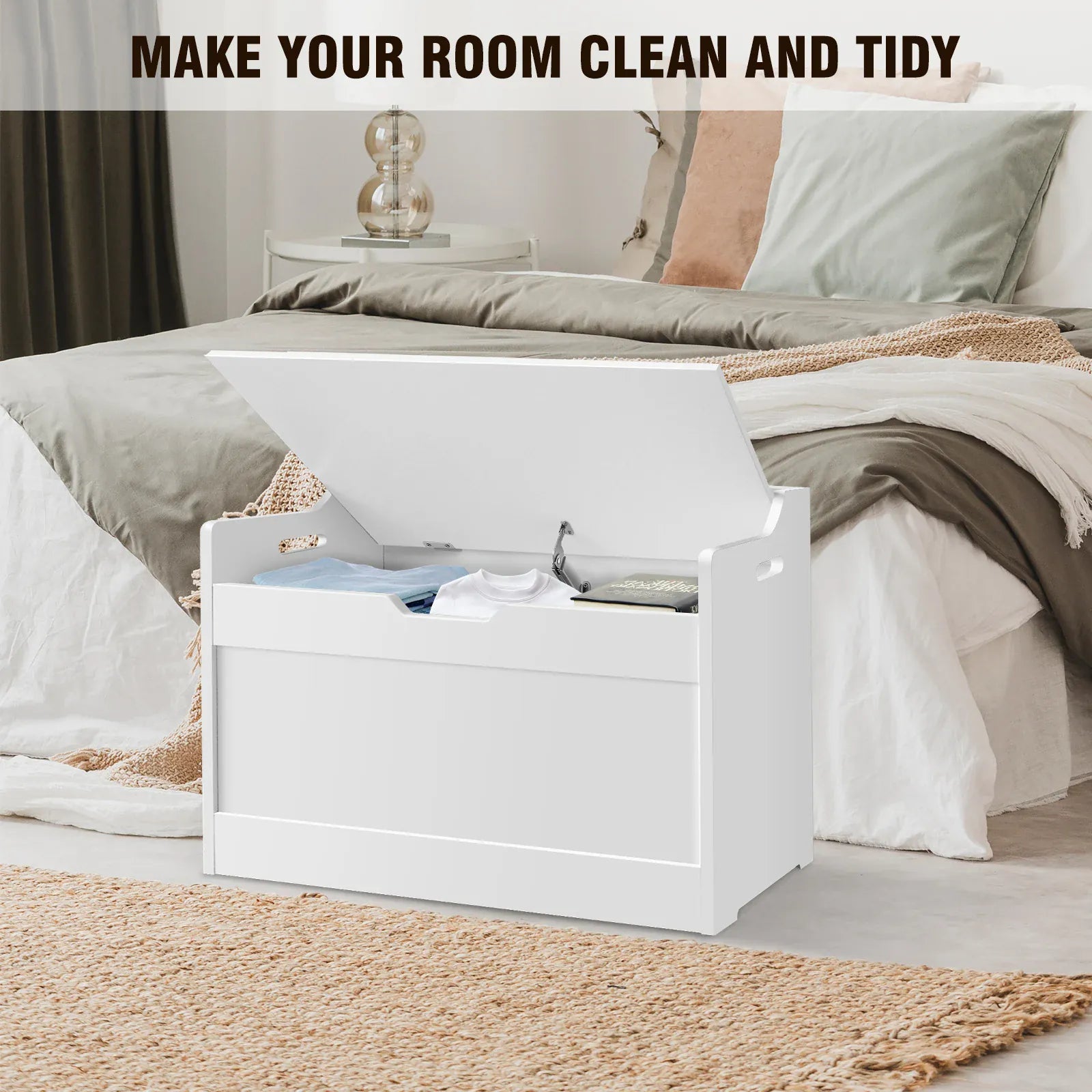 Kids Wooden Toy Box & Storage Bench with Lid | Soft-Close Safety Hinges | White MDF