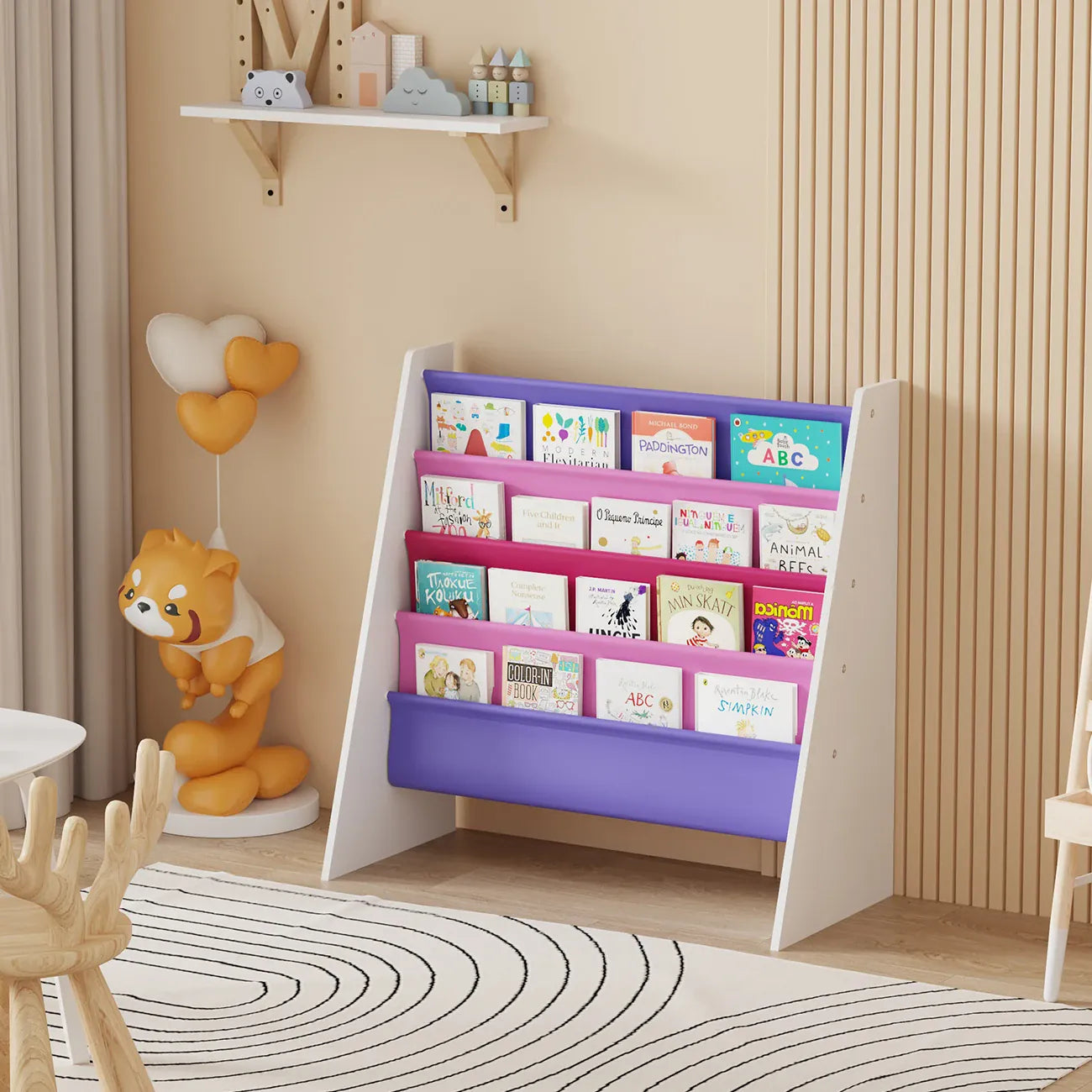 Kids 4-Tier Wooden Sling Bookshelf | Easy-Reach Book Rack | Blue, Green, Yellow & Pink