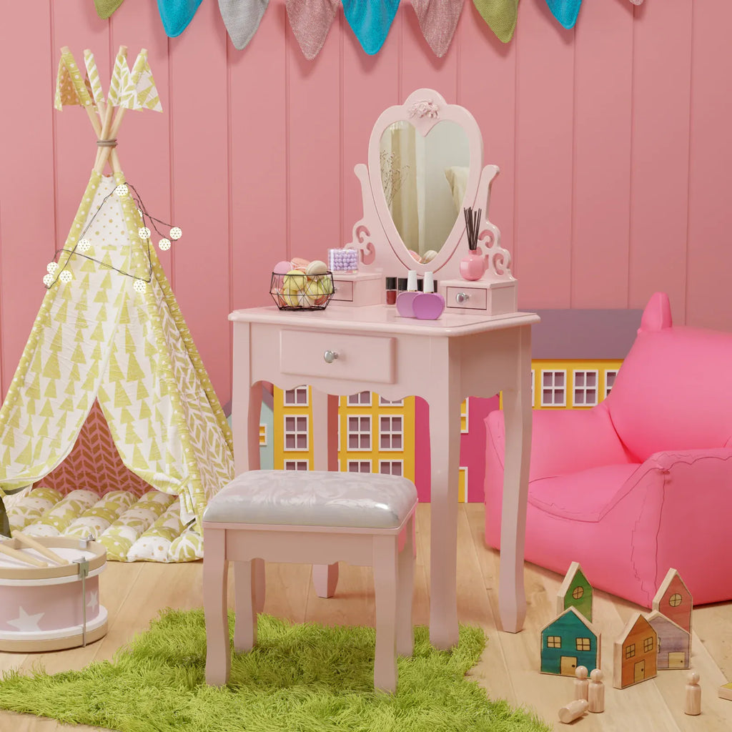 Kids Dressing Table with Heart Mirror & Stool | Girls Vanity Set | Pink & White | Ages 3–9