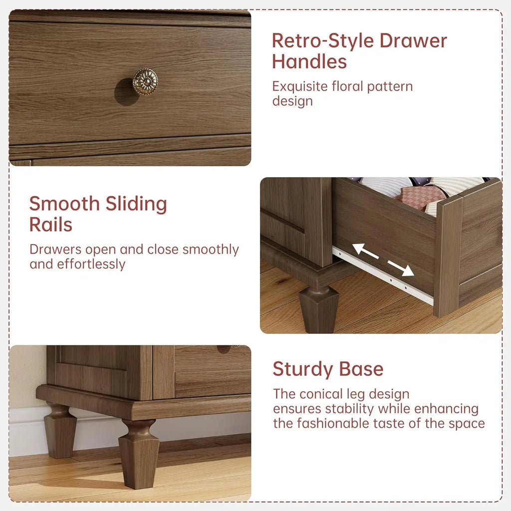4 Drawer Vintage Dresser — Carved Handles, Tapered Legs & Wood Chest of Drawers for Bedroom