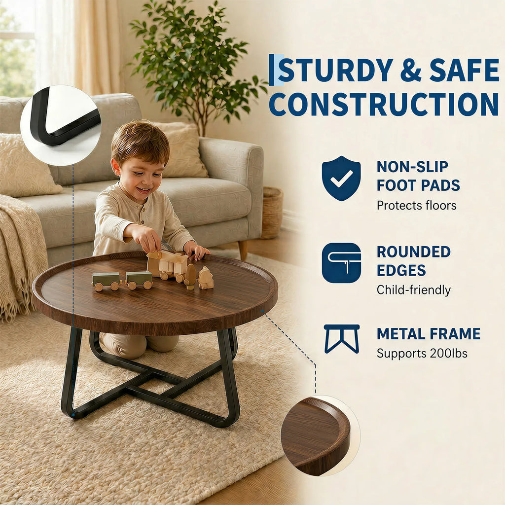 Round Coffee Table — Modern Small Side & End Table with Metal Frame, 50x50x38cm