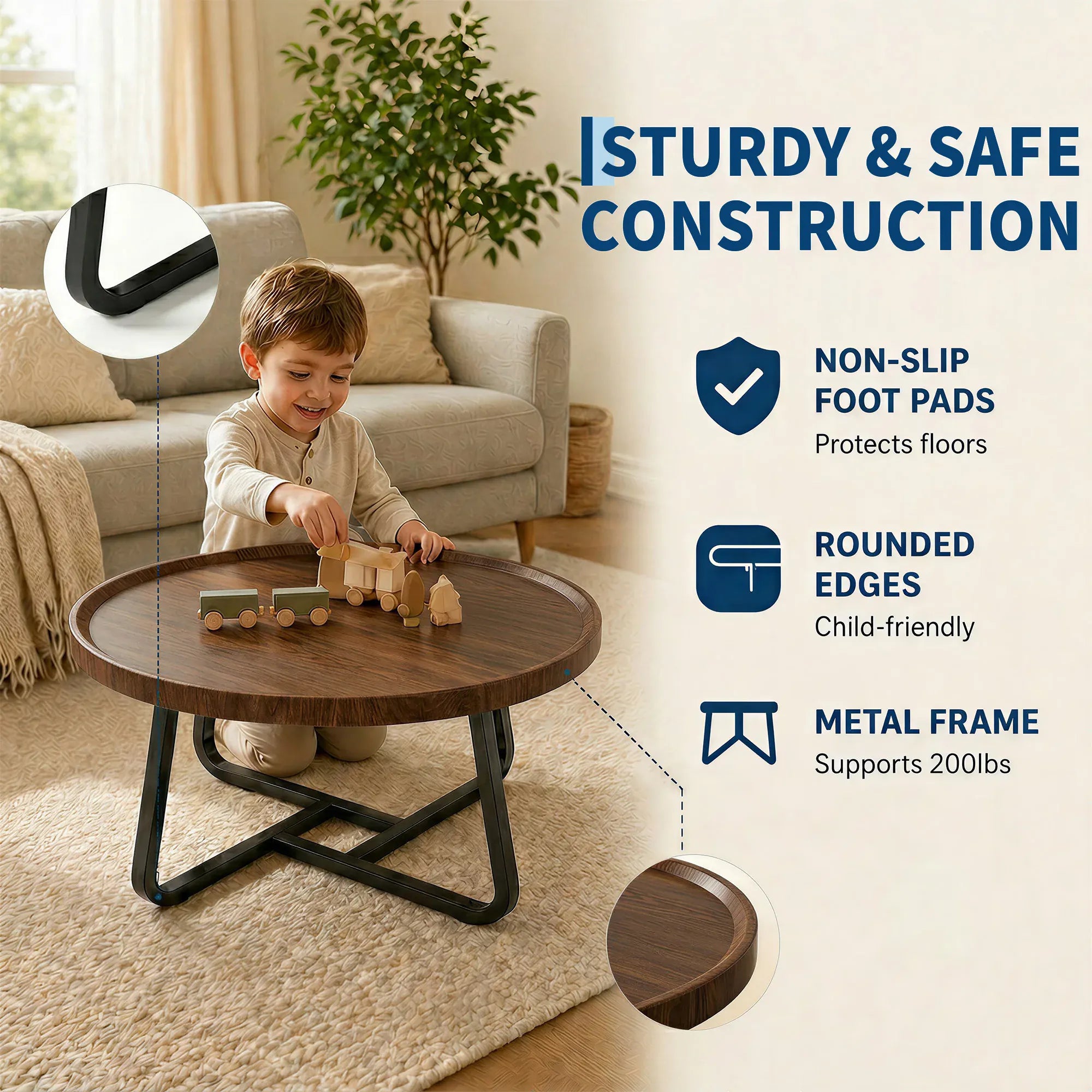 Round Coffee Table — Modern Small Side & End Table with Metal Frame, 50x50x38cm