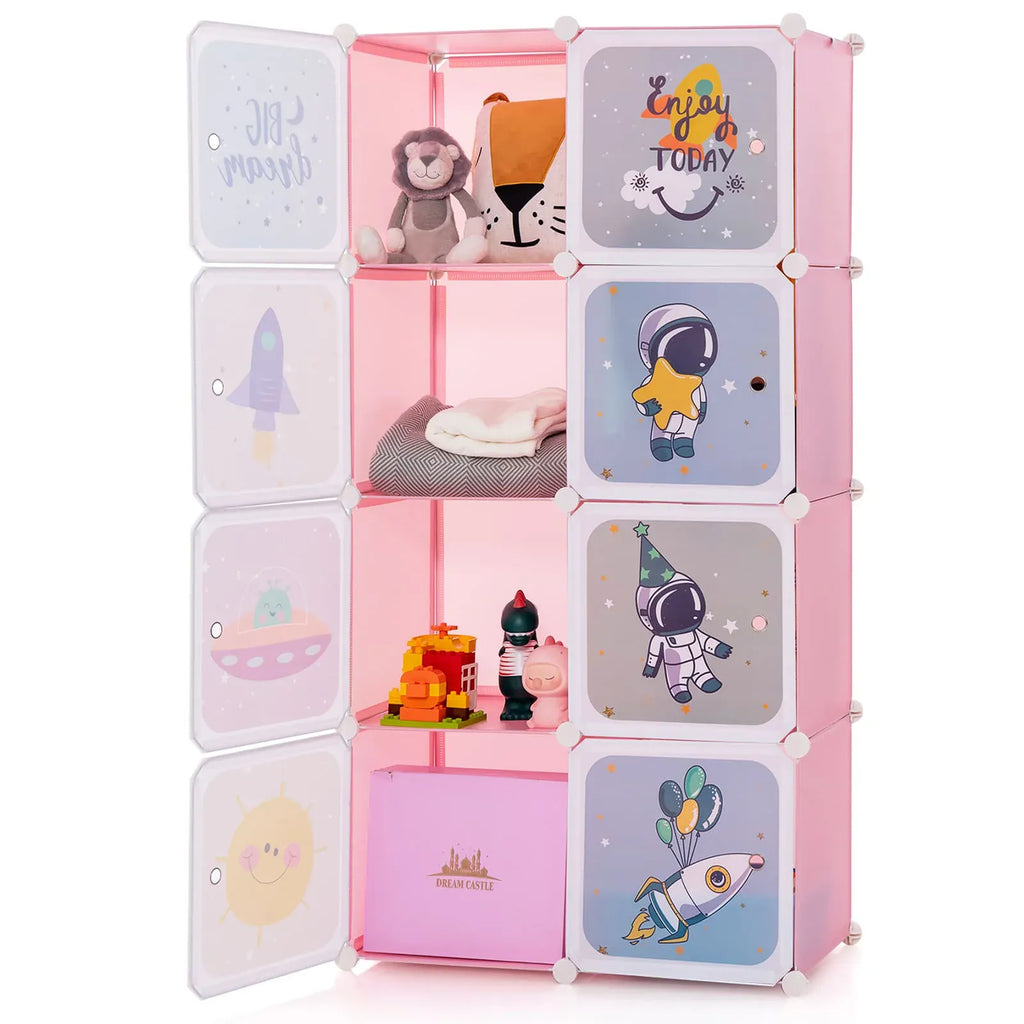 Kids 8-Cube Wardrobe & Storage Organiser | Portable Closet with Hanging Rail | Pink