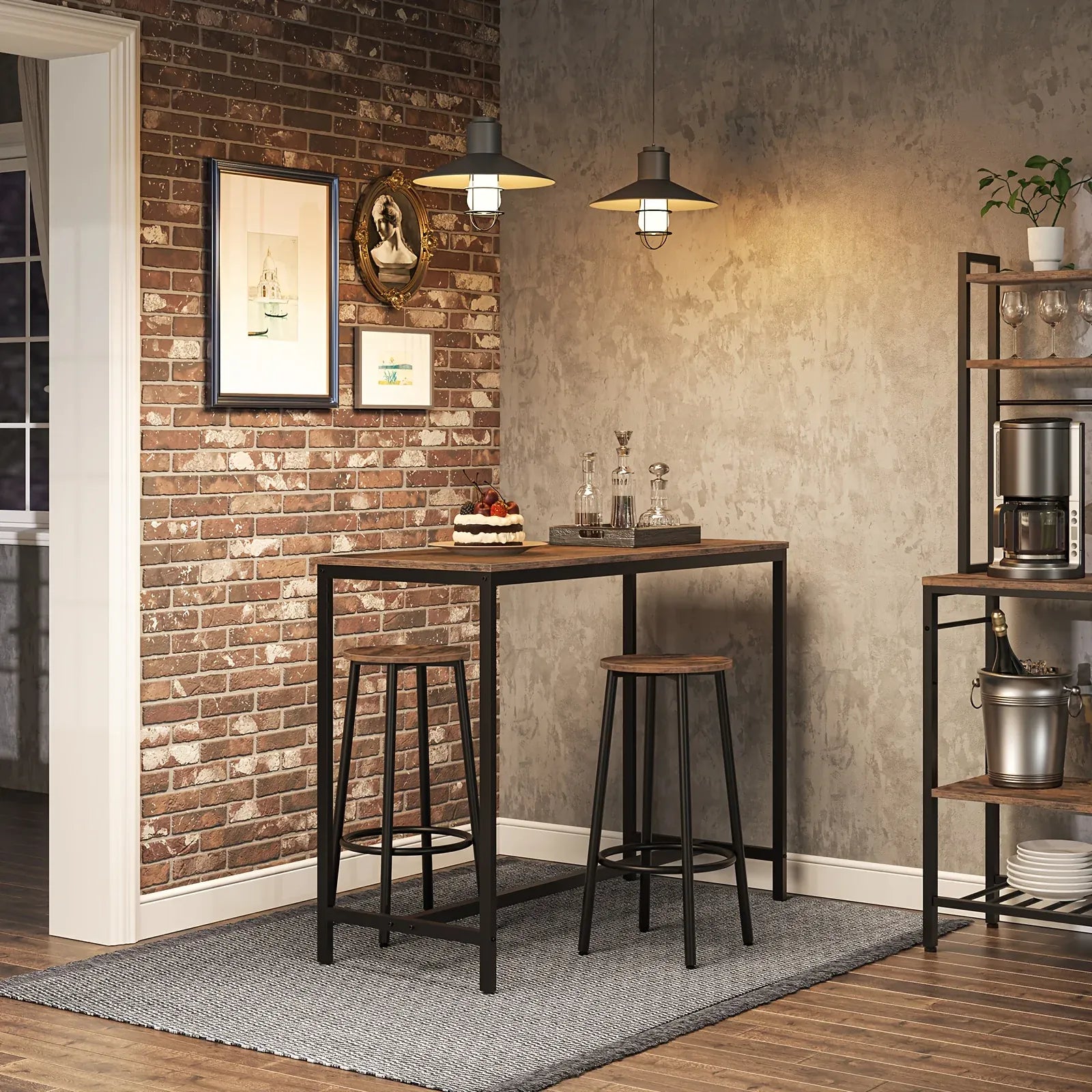 [2 Industrial Bar Stools] Set of 2 Industrial Bar Stools with Footrest | Sturdy Metal Frame, Adjustable Feet, Vintage Brown and