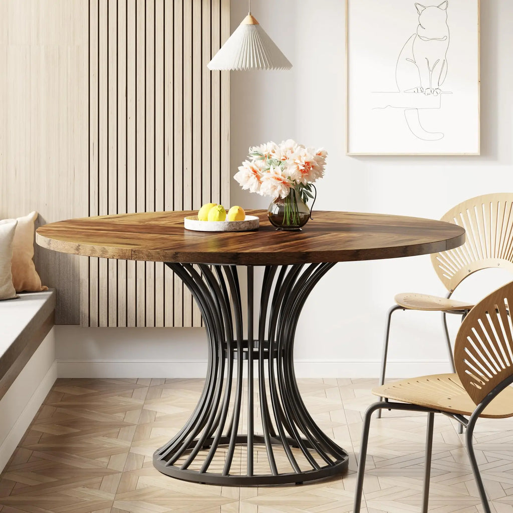 Round Dining Table for 4–6 — 47 Inch Farmhouse Circle Table with Hourglass Metal Base