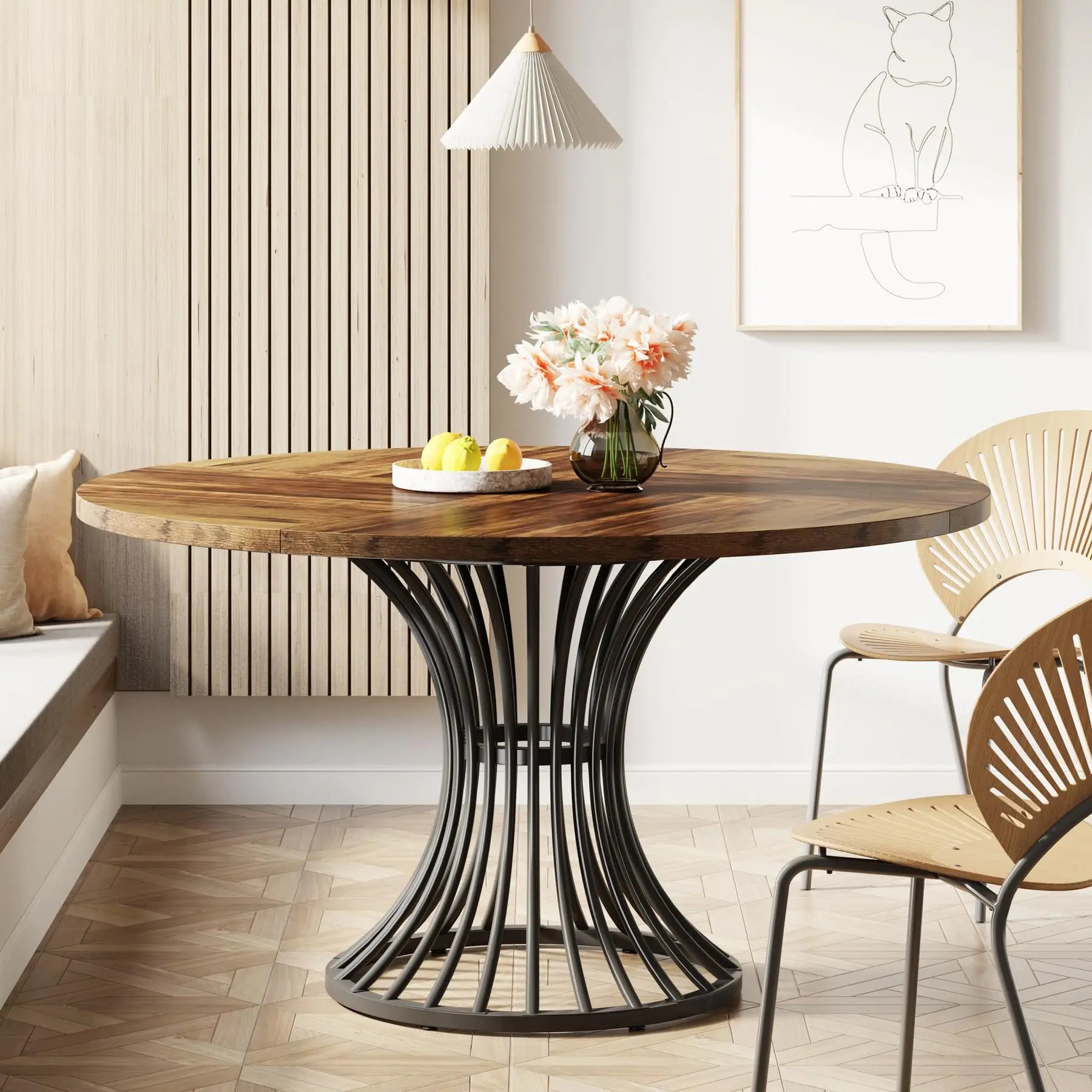 Round Dining Table for 4–6 — 47 Inch Farmhouse Circle Table with Hourglass Metal Base