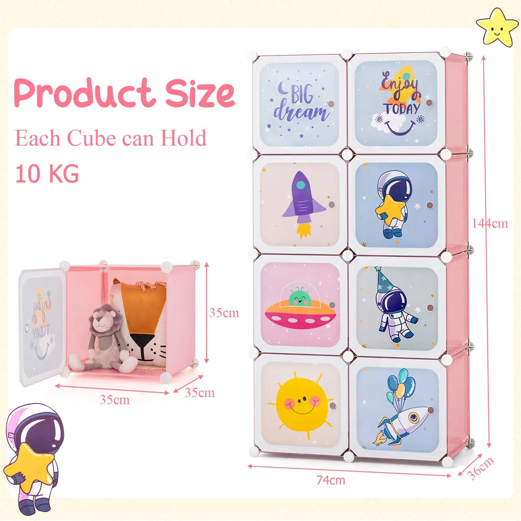 Kids 8-Cube Wardrobe & Storage Organiser | Portable Closet with Hanging Rail | Pink