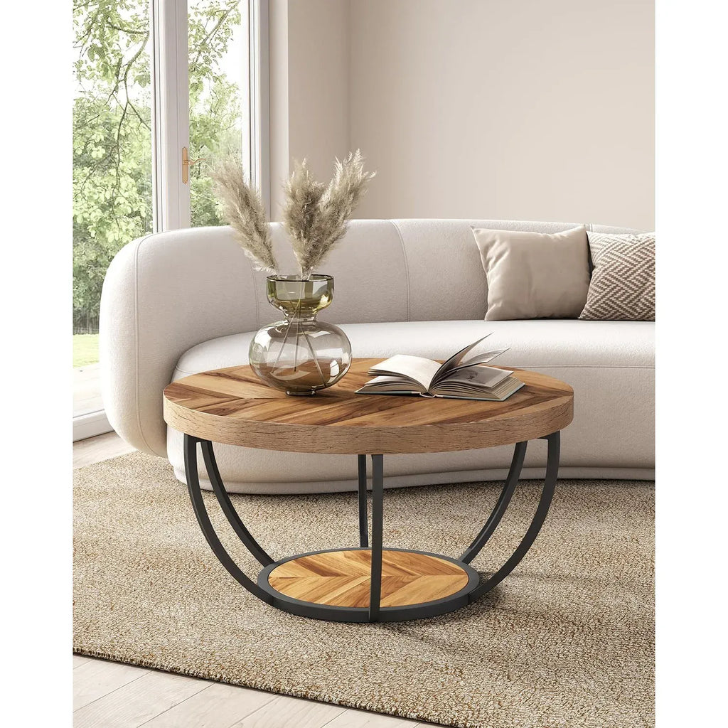 2-Tier Wood Coffee Table with Storage — Industrial Design Living Room Accent Table