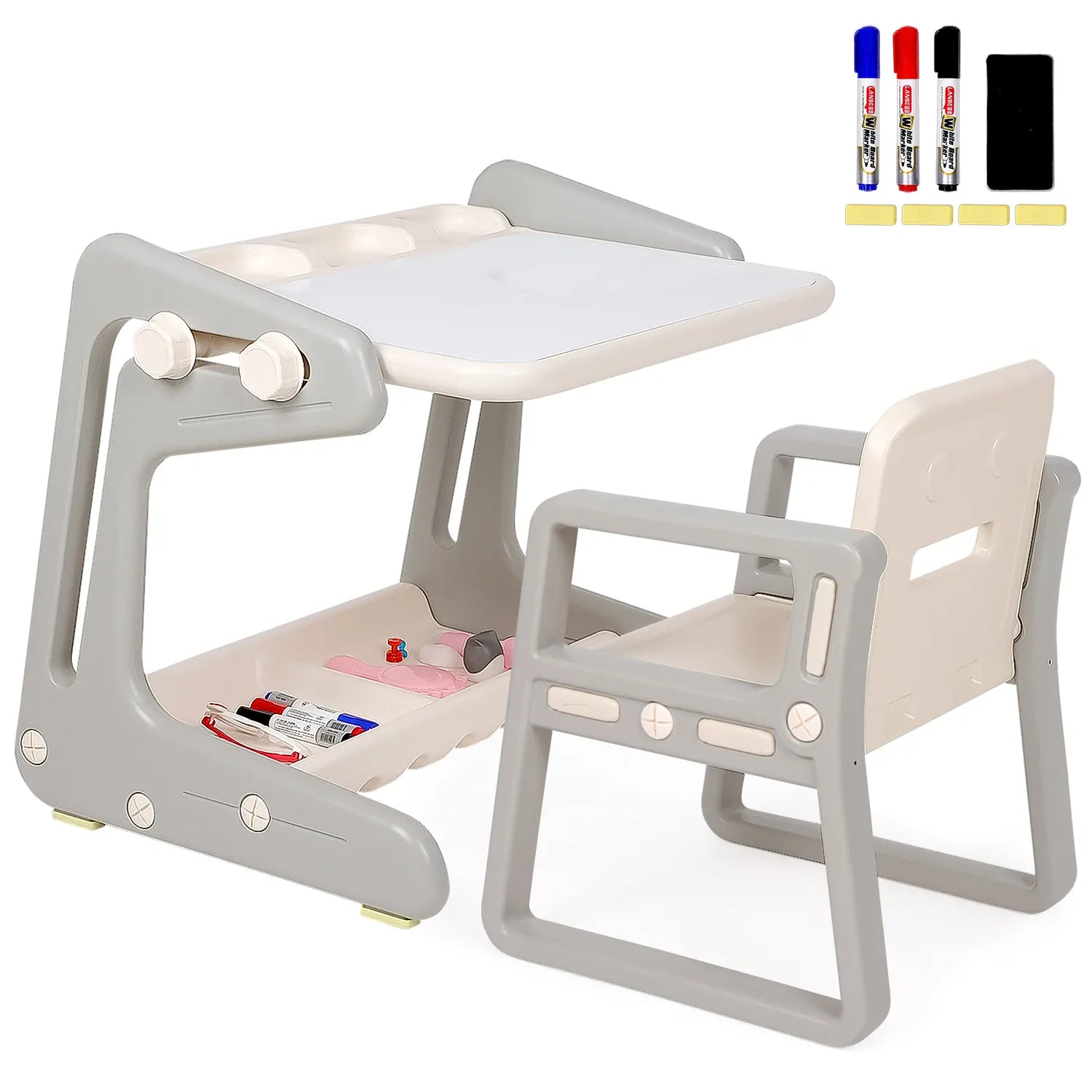 Kids 3-in-1 Activity Table, Art Easel & Chair Set | Magnetic Whiteboard & Storage | White