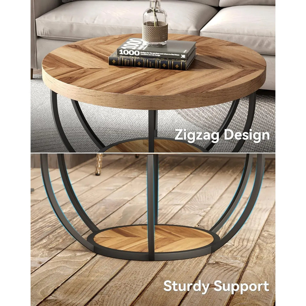2-Tier Wood Coffee Table with Storage — Industrial Design Living Room Accent Table