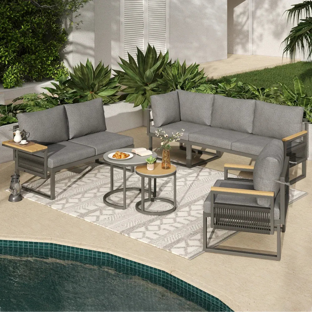 5-6 Seater Garden Furniture Set, Rope Woven Outdoor Corner Sofa with Matching Armchair, 2 Nesting Tempered Glass Coffee Tables