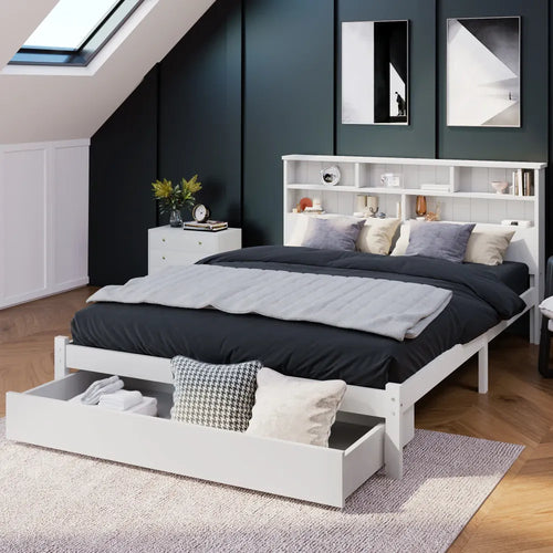 Bed with Shelves — White Wooden Storage Bed with Underbed Drawer, 4ft6 Double (135 x 190cm)