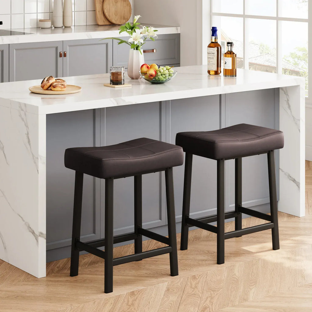 Bar Stools Set of 2 — Backless Saddle Counter Stools in PU Leather for Kitchen & Bar