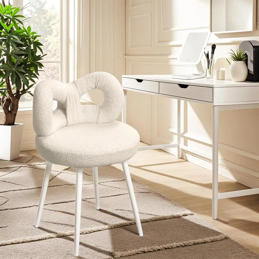 Vanity Stool with Bowknot Backrest — Faux Wool, High-Density Foam, Armless Dressing Chair