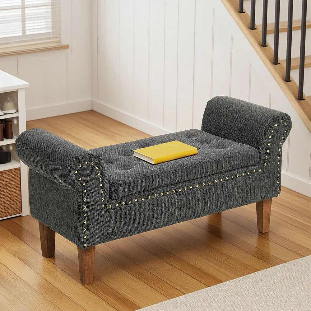 Grey Linen Bed End Bench — Window Seat, Chaise Lounge, Bedroom Stool & Footstool