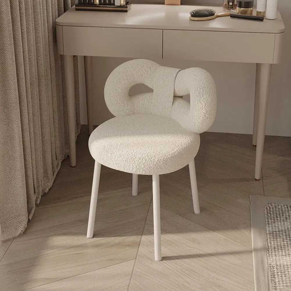 Vanity Stool with Bowknot Backrest — Faux Wool, High-Density Foam, Armless Dressing Chair