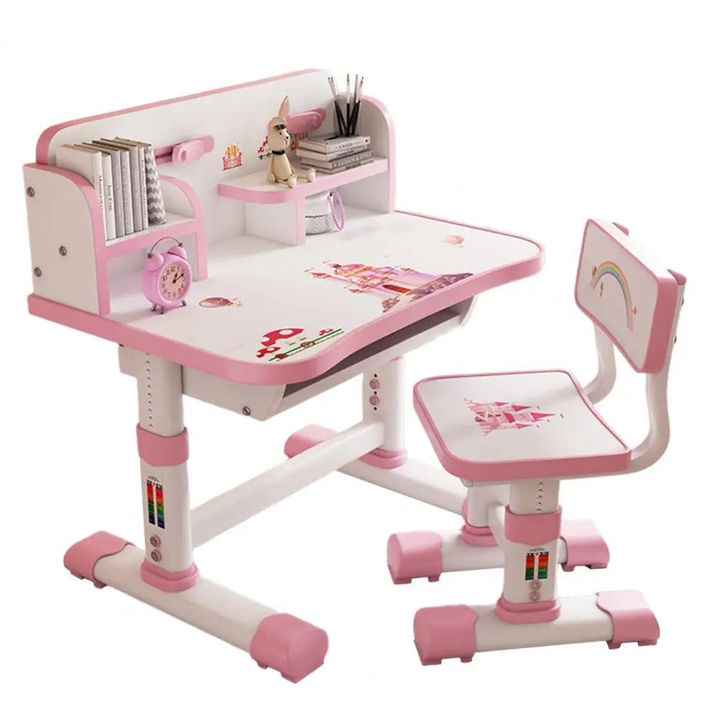Kids Height-Adjustable Study Desk & Chair Set | Cartoon Design | Pink & Blue | Ages 3–18
