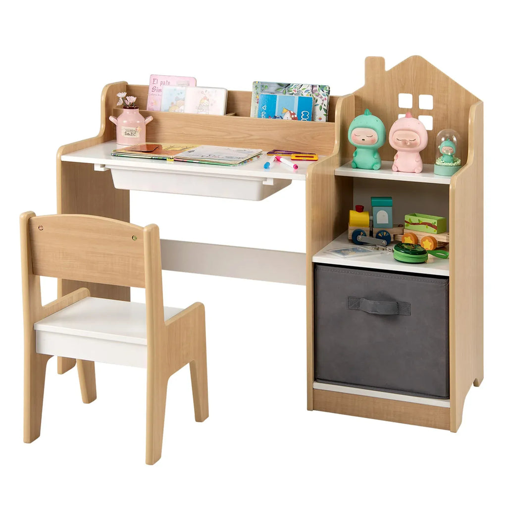 Kids Study Desk & Chair Set with Shelves & Drawer | Natural Wood Style | Ages 3+