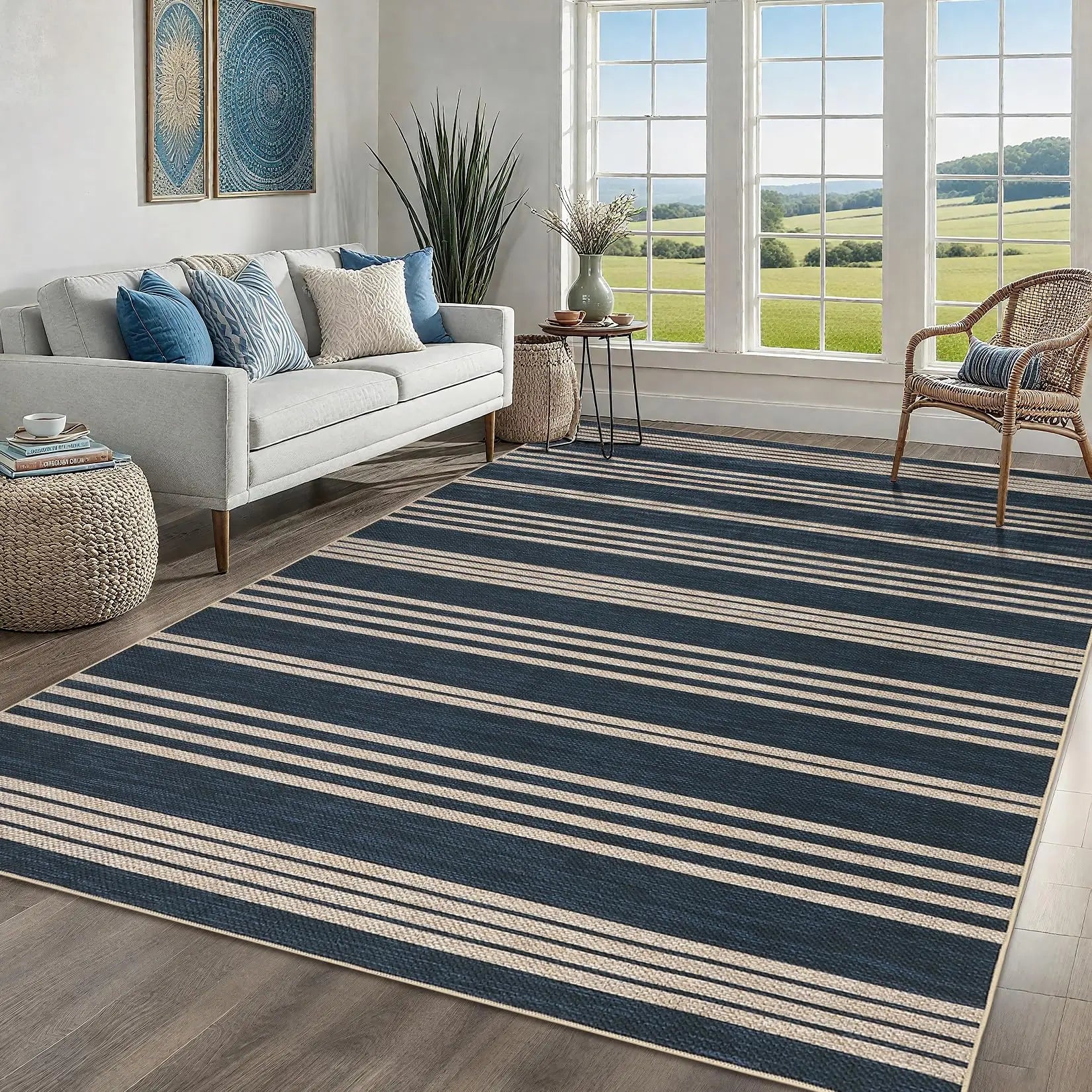 Modern Striped Area Rug — Washable, Ultra-Soft Low Pile with Non-Slip TPR Backing
