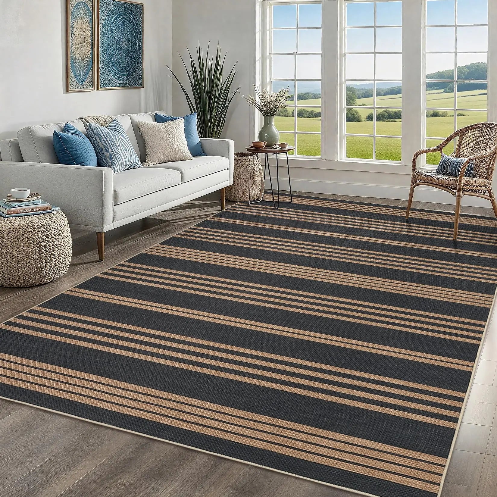 Modern Striped Area Rug — Washable, Ultra-Soft Low Pile with Non-Slip TPR Backing