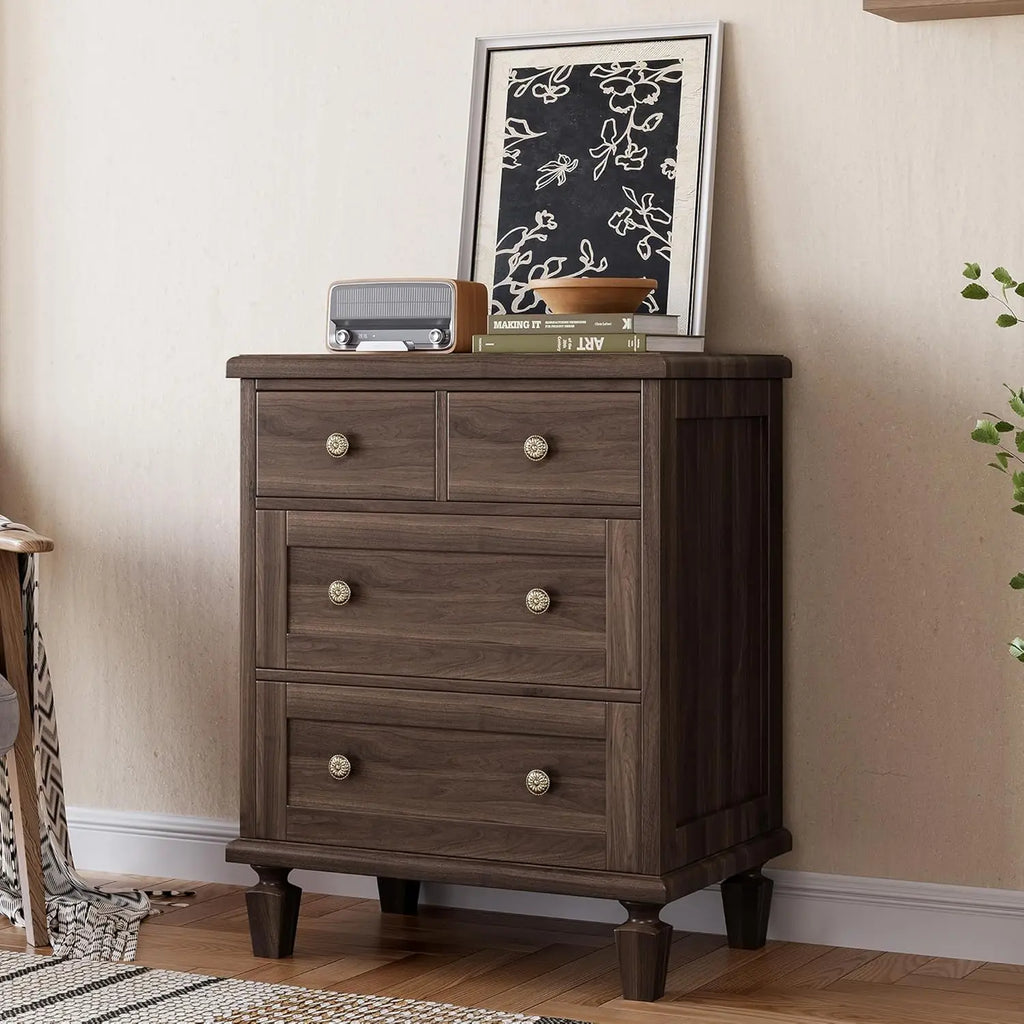 4 Drawer Vintage Dresser — Carved Handles, Tapered Legs & Wood Chest of Drawers for Bedroom
