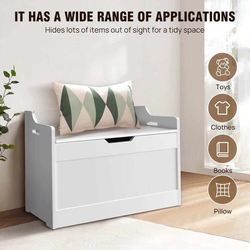 Kids Wooden Toy Box & Storage Bench with Lid | Soft-Close Safety Hinges | White MDF