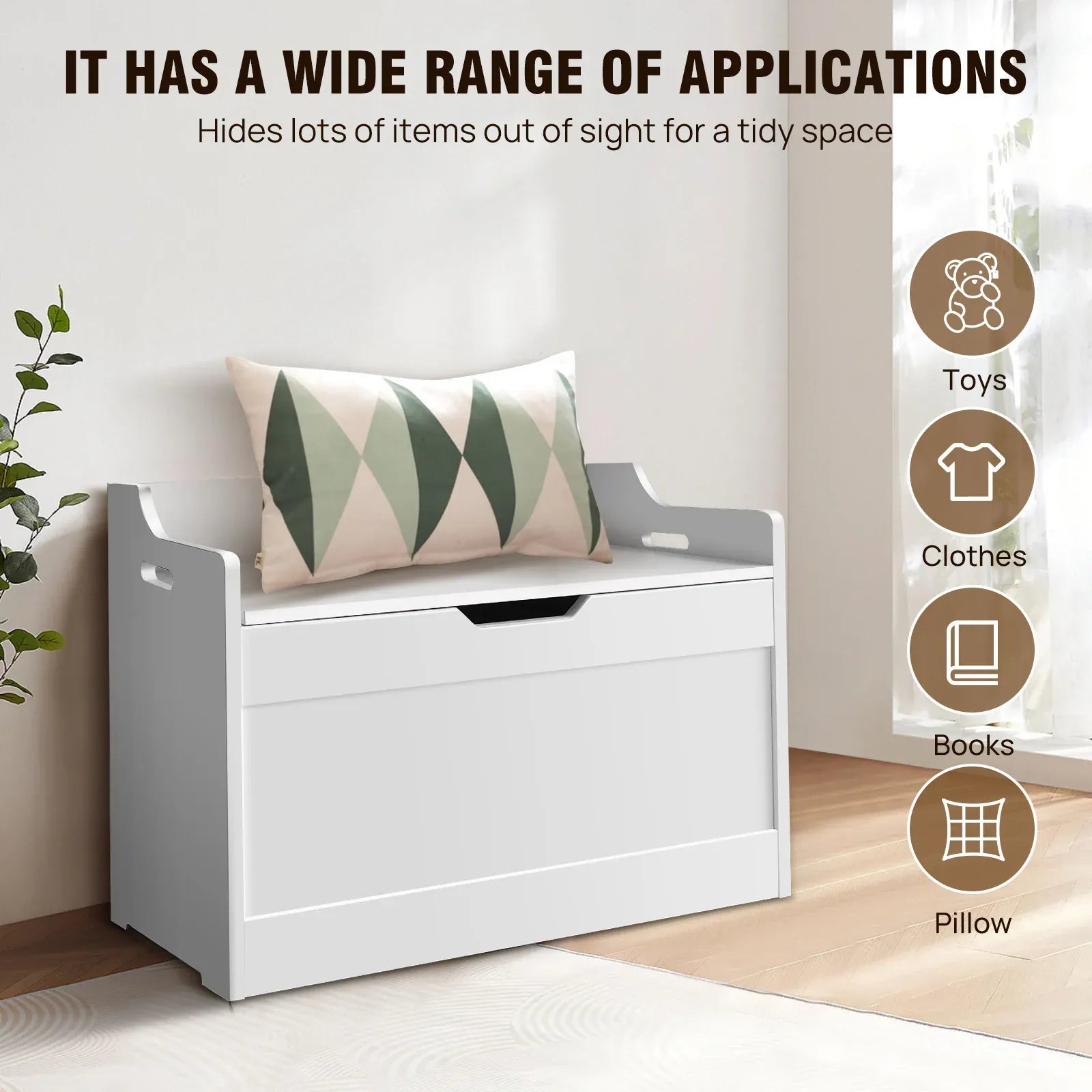 Kids Wooden Toy Box & Storage Bench with Lid | Soft-Close Safety Hinges | White MDF