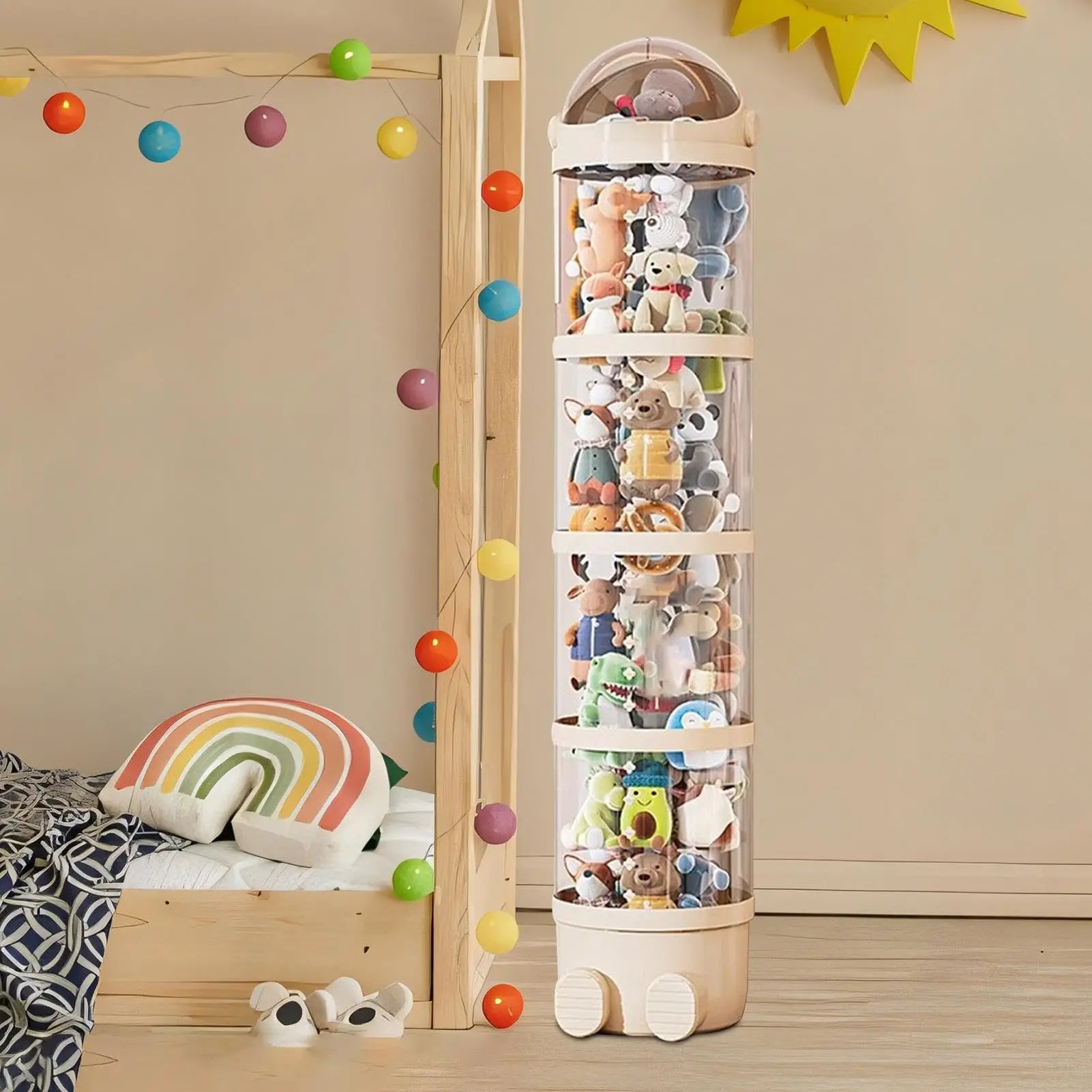 Clear Stuffed Animal Storage Tube | Stackable Toy Organiser | Beige & Pink