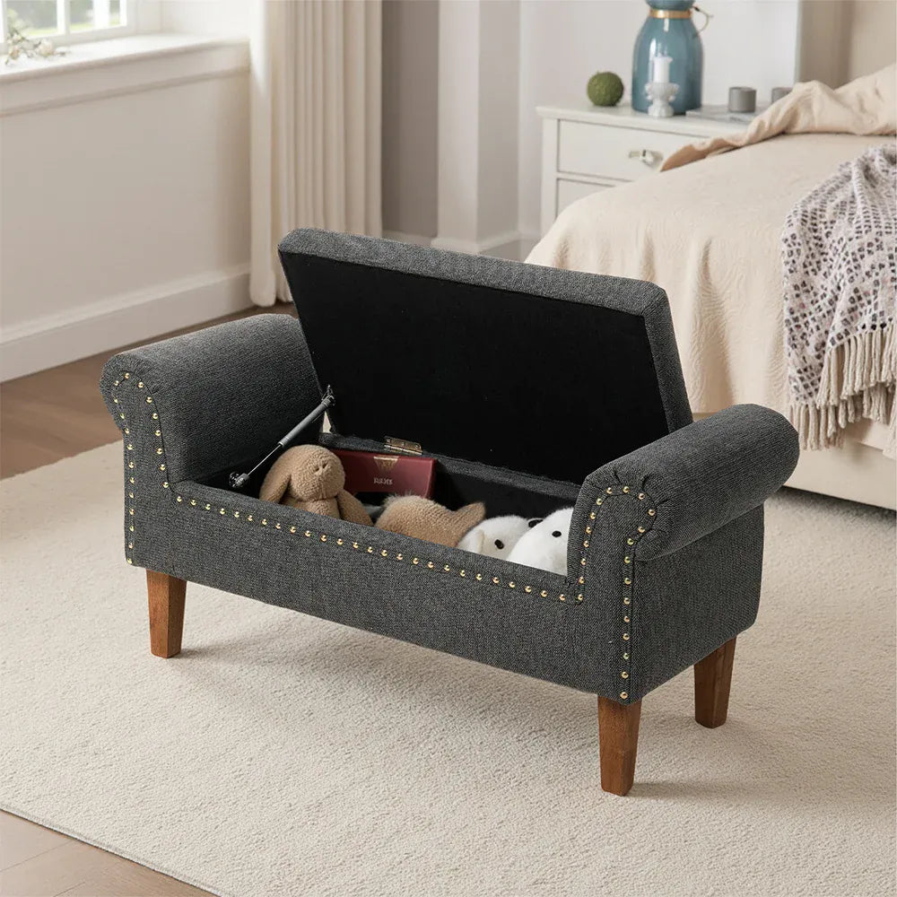 Grey Linen Bed End Bench — Window Seat, Chaise Lounge, Bedroom Stool & Footstool