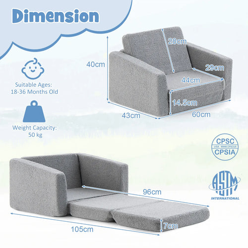 2-in-1 Toddler Fold-Out Sofa & Lounger | Washable Teddy Fleece Cover | Grey
