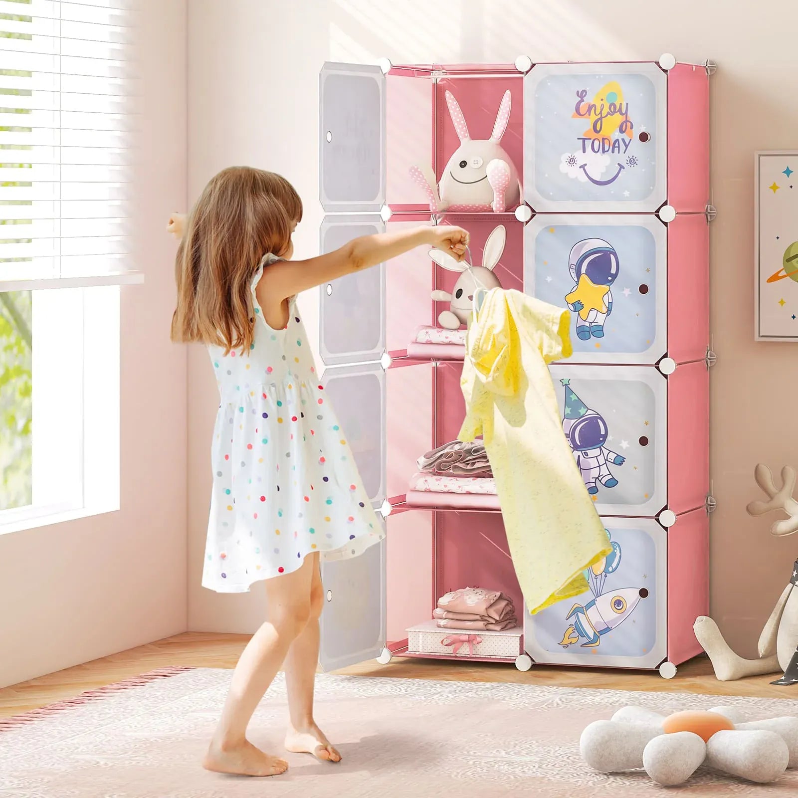 Kids 8-Cube Wardrobe & Storage Organiser | Portable Closet with Hanging Rail | Pink