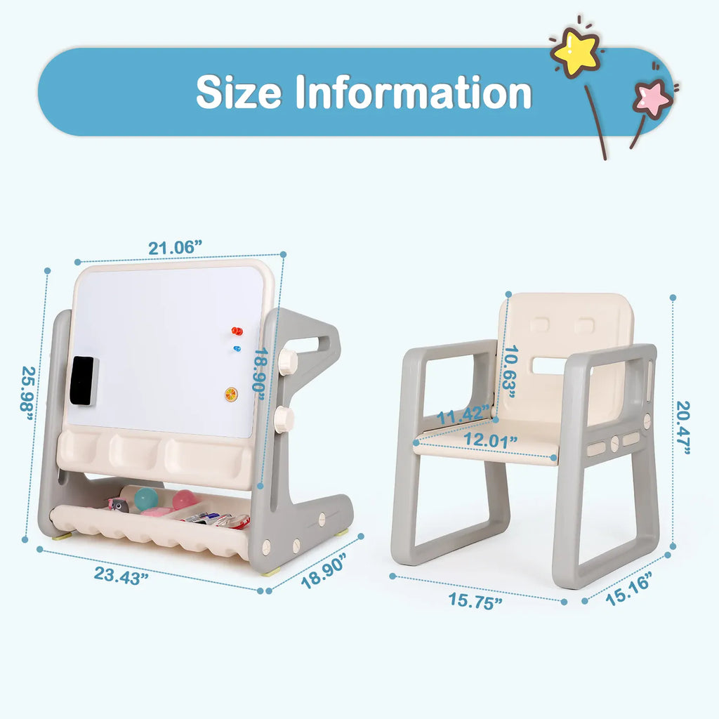 Kids 3-in-1 Activity Table, Art Easel & Chair Set | Magnetic Whiteboard & Storage | White