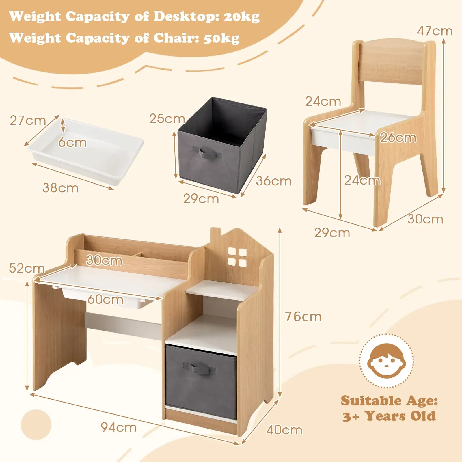 Kids Study Desk & Chair Set with Shelves & Drawer | Natural Wood Style | Ages 3+