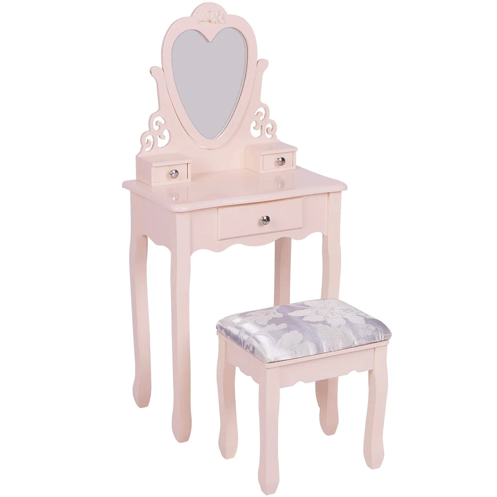Kids Dressing Table with Heart Mirror & Stool | Girls Vanity Set | Pink & White | Ages 3–9
