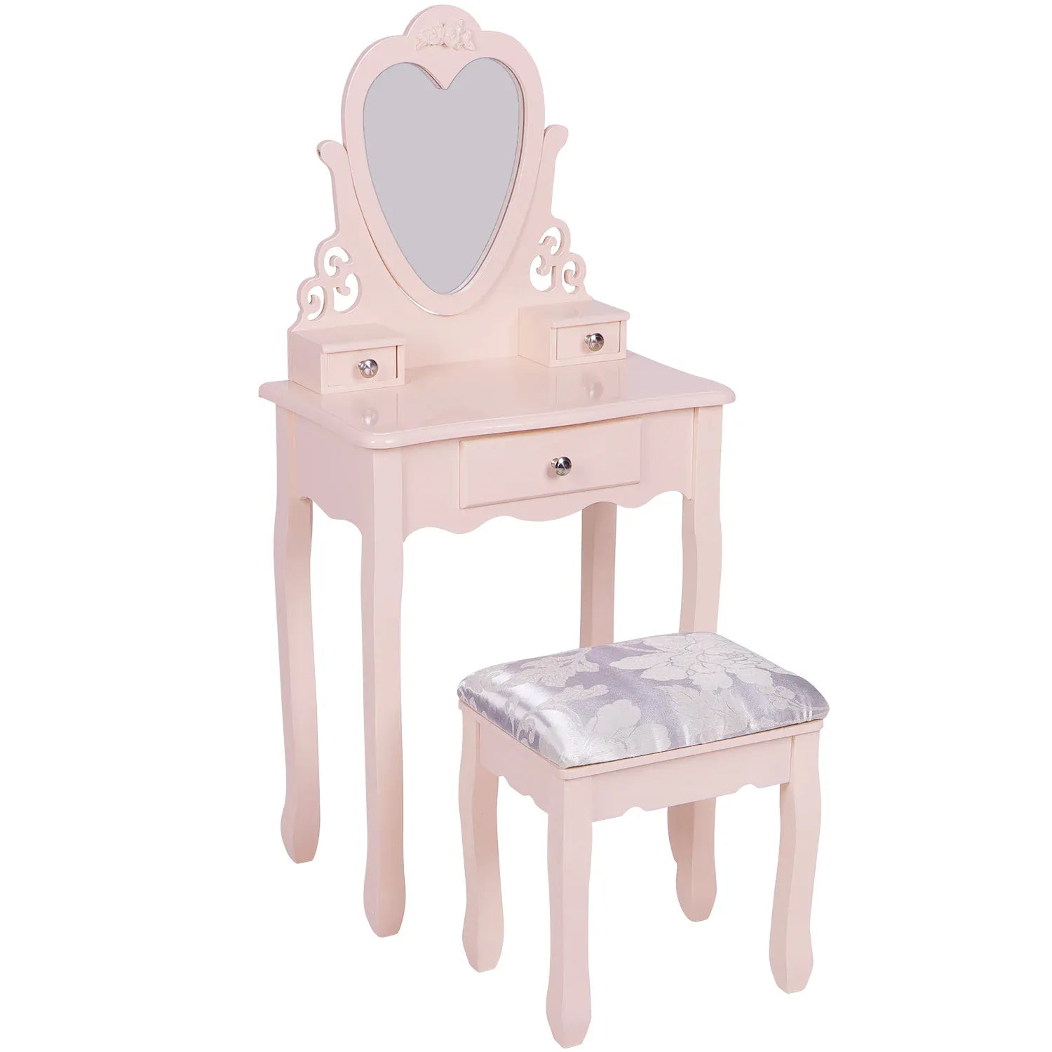 Kids Dressing Table with Heart Mirror & Stool | Girls Vanity Set | Pink & White | Ages 3–9