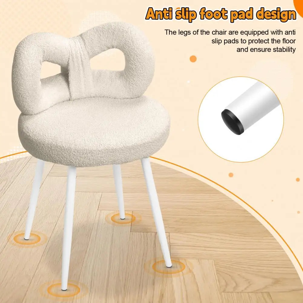 Vanity Stool with Bowknot Backrest — Faux Wool, High-Density Foam, Armless Dressing Chair
