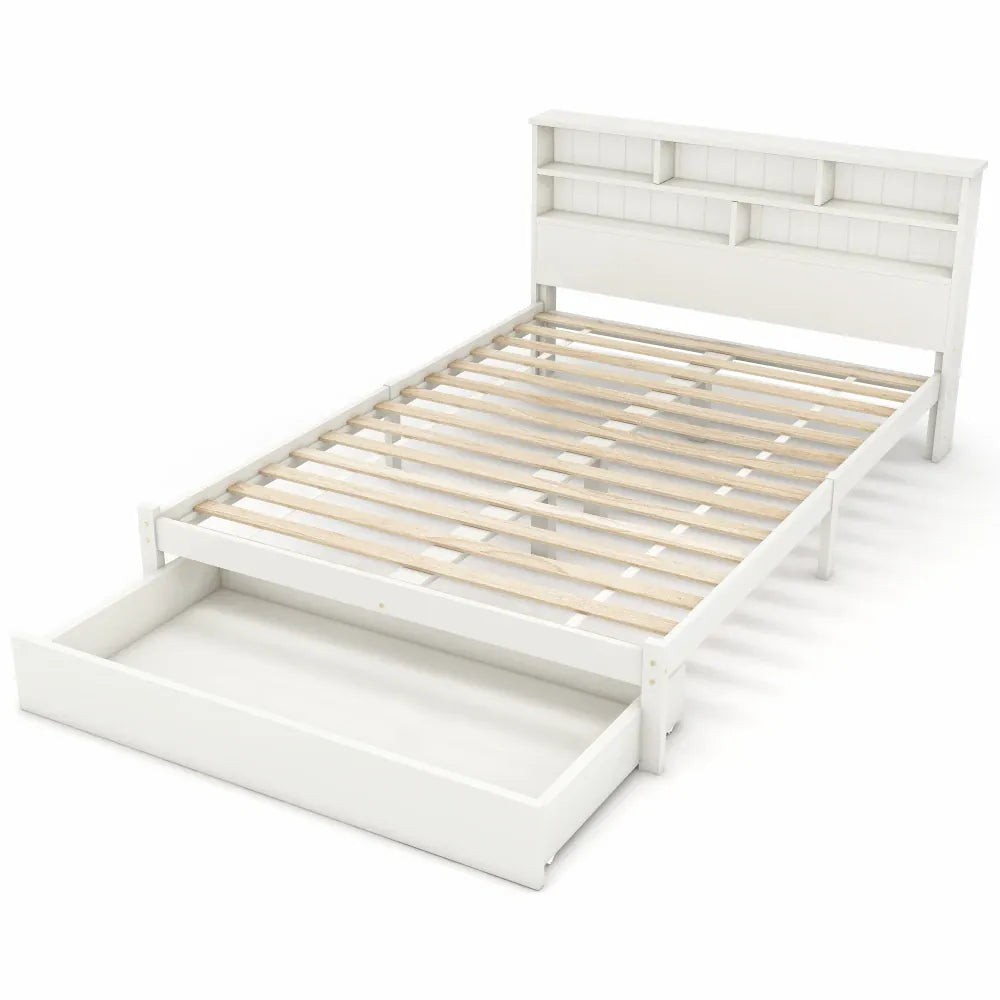 Bed with Shelves — White Wooden Storage Bed with Underbed Drawer, 4ft6 Double (135 x 190cm)